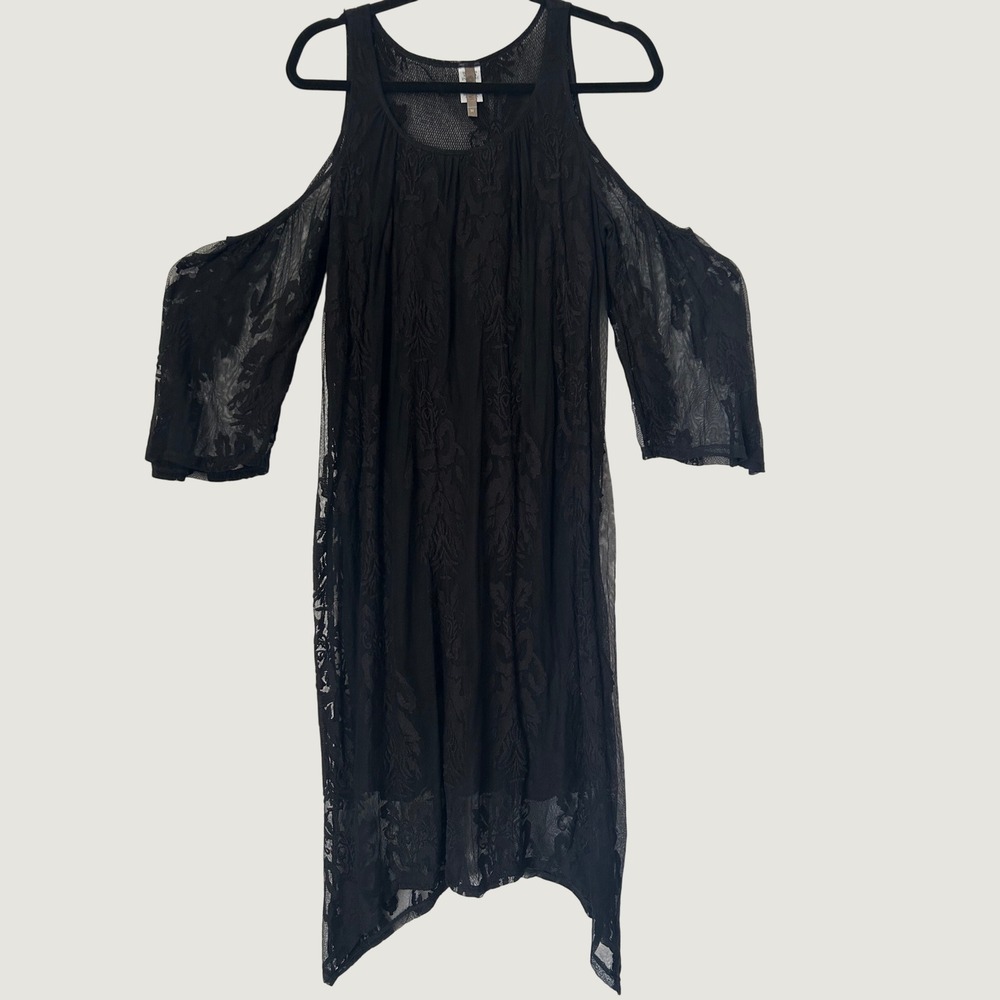 XCVI Cold Shoulder Dress Womens Medium Black Lace Witchy Whimsigoth Handkerchief